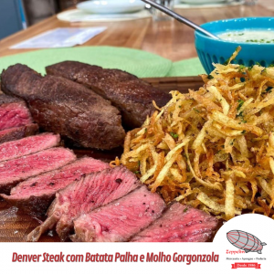 Denver steak com batata palha e creme de gorgonzola